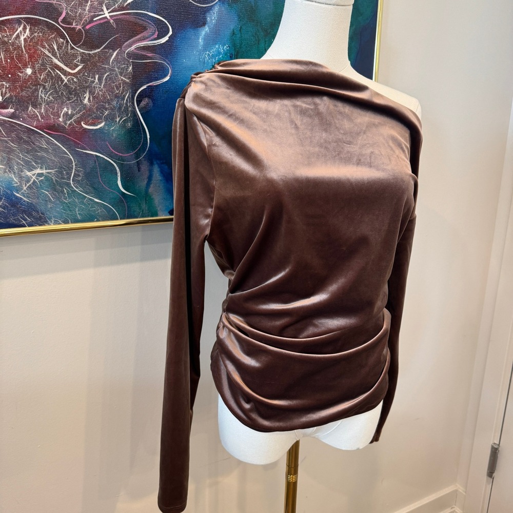 Abercrombie & Fitch Brown Crushed Velvet One Shoulder Ruched Top Medium NWT